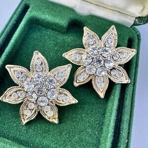 Flower Gold Tone Crystal Rhinestone Post Earrings Large Bling Sparkly Bold 1.5”